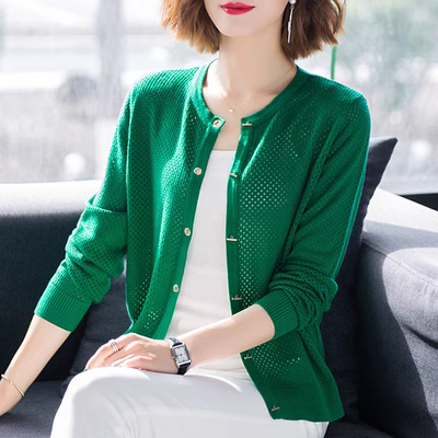 Mùa xuân và mùa thu mới cổ tròn dệt kim áo len nữ rỗng ra nước ngoài khăn choàng hoang dã áo khoác mỏng phần - Cardigan