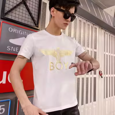 Tide thương hiệu BOY tay ngắn nam và nữ cùng cổ tròn cotton bronzing chim ưng đôi tay áo nửa trẻ trung áo thun hoang dã - Áo phông ngắn