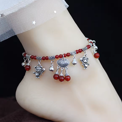 Vòng chân cao cấp màu đỏ vòng chân năm sinh bằng tay ngọc bích khóa an toàn ngọc chuỗi mắt cá chân đơn giản sexy nam và nữ - Vòng chân
