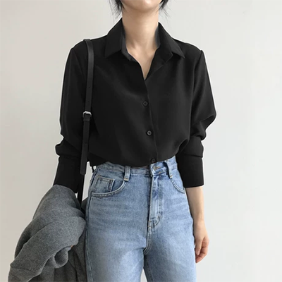 Áo sơ mi nữ mới OL cổ áo trắng dài tay cỡ lớn công sở Áo sơ mi cổ chữ v giản dị chuyên nghiệp áo sơ mi trắng tinh khiết - Áo sơ mi