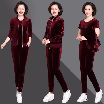 Bộ đồ thể thao cho người trung niên và người cao tuổi Bộ đồ thể thao cho phụ nữ 40 tuổi 50 nữ mùa xuân và mùa thu thời trang vàng nhung cộng với kích thước bộ đồ mẹ ba mảnh giản dị - Thể thao sau