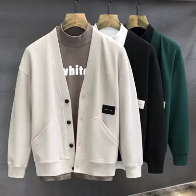 Áo len không cổ công sở phù hợp với áo khoác nam đan áo len dệt kim bên ngoài, nhỏ, cao và mảnh đất mềm mượt - Cardigan