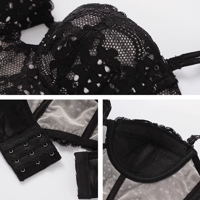MẶT NẠ Áo lót ren sexy của Pháp nữ ngực nhỏ tập hợp đồ lót màu đen mùa hè mỏng - Push Up Bras