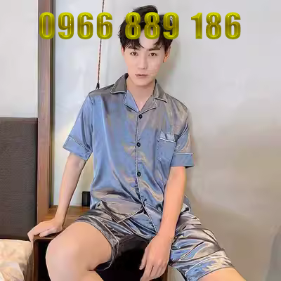 Đồ ngủ nam mùa hè của nam giới mùa hè băng lụa ngắn tay quần short lụa mỏng dịch vụ tại nhà mùa xuân và mùa thu cộng với kích thước phù hợp - Bên ngoài ăn mặc