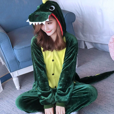 Khủng long đồ ngủ nữ mùa thu và mùa đông dính liền với phim hoạt hình cặp vợ chồng động vật với cùng một dịch vụ nhà dày flannel san hô nhung - Cặp đôi