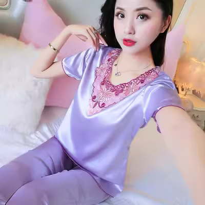 Đồ ngủ của phụ nữ mùa hè phong cách mới băng lụa ngắn tay gợi cảm phù hợp với phụ nữ lỏng lẻo cỡ lớn lụa hai mảnh mỏng dịch vụ tại nhà - Cha mẹ và con