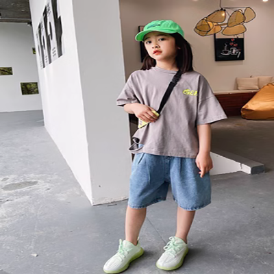 Quần denim bé gái, quần áo mùa hè, quần trẻ em, quần lửng ống rộng, kiểu tây, quần jean trẻ em loại lớn - Quần jean