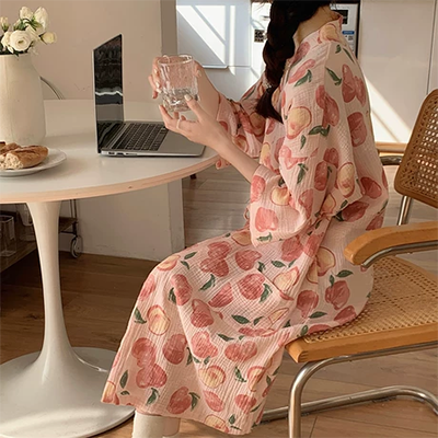 Băng lụa áo ngủ phụ nữ mùa hè đồ ngủ sexy cỡ lớn băng lụa ren mùa xuân và mùa thu dài tay yukata nữ một mảnh - Night Robe