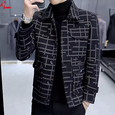 Áo khoác len mùa đông nam ngắn dày cộng với áo khoác nhung nam Hàn Quốc đẹp trai kẻ sọc trench coat xu hướng - Áo len