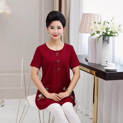 Áo sơ mi nữ trung niên mùa hè áo thun ngắn tay nữ rộng cỡ bụng chạm đáy áo sơ mi nữ trung niên kiểu tây - Phụ nữ cao cấp