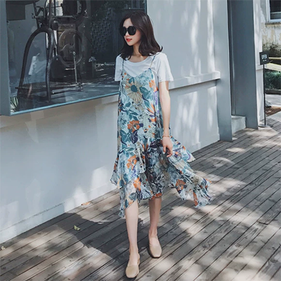 D mùa hè voan hoa trẻ trung hơn tuổi là váy đuôi cá mỏng nước ngoài phù hợp với áo hai dây F0433161 - Bộ đồ