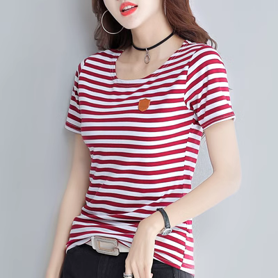 Áo thun sọc tay ngắn nữ mùa hè 2019 mới phiên bản Hàn Quốc chất liệu cotton rách nửa tay in họa tiết siêu lửa - Áo phông