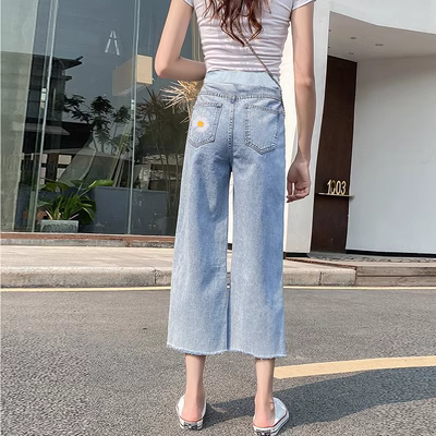 Quần dành cho bà bầu, phần mỏng mùa hè, các bà mẹ sành điệu, thời trang mặc bên ngoài chín điểm buông thõng chân thẳng đáy quần jean ống rộng xuân hè - Phụ nữ mang thai quần / quần bụng