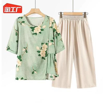 Quần áo nữ trung niên mùa hè Áo thun cotton ngắn tay tây, phụ nữ trung niên 40-50 tuổi kẻ sọc trên người mẹ hai mảnh - Phụ nữ cao cấp