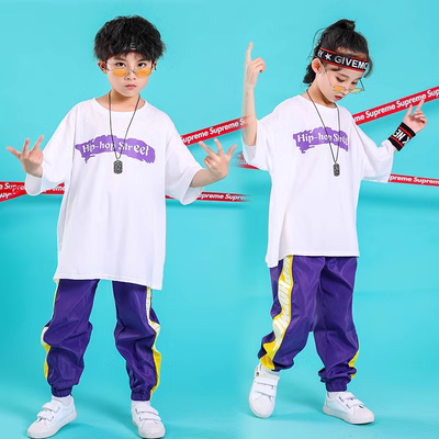 Bộ đồ hiphop trẻ em hip-hop quần dài trắng tay ngắn cho bé trai và bé gái lỏng lẻo hợp thời trang hiphop bé trai đẹp trai show quần áo - Trang phục