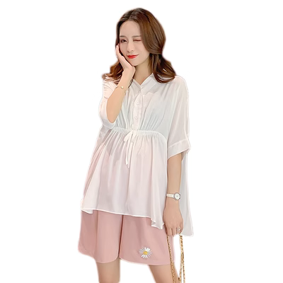 Quần áo bà bầu, áo sơ mi voan, quần áo mùa hè, áo bầu suông cho bà bầu, áo bà bầu dáng dài bèo nhún + set quần đùi nâng bụng - Áo thai sản