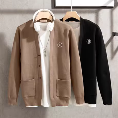 Nhân vật Jacquard Designer Áo thu / đông đan áo khoác nam Slim cardigan Thanh niên Ribbon thường Áo len châu Âu và Mỹ - Cardigan