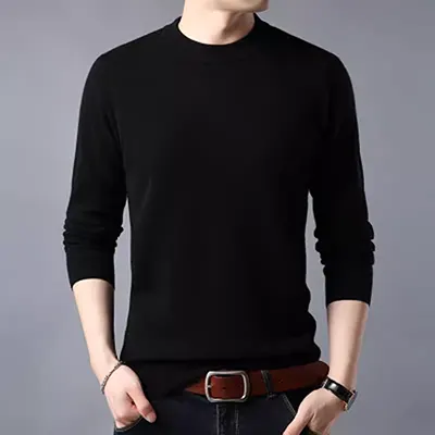 Áo len cổ lọ cho nam Áo len dệt kim Vòng cổ dài tay áo thun màu trơn V-cổ dày áo len ấm áp - Áo phông dài