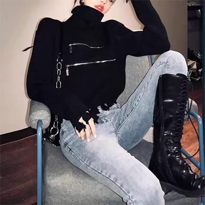 GENANX Lightning Tide Brand Winter Mới Top dành cho nam Hip-Hop OVERSIZE In áo len cao cổ có thể xoay - Cặp đôi áo len