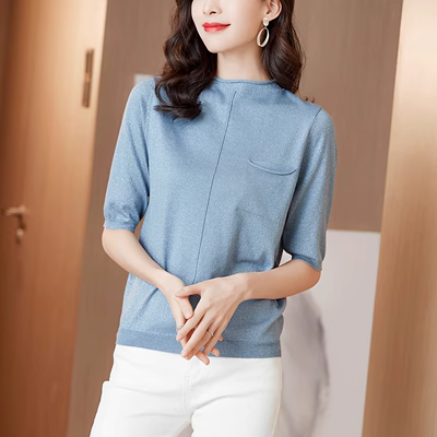 Áo len lụa sáng màu nữ flash lụa ngắn tay 2019 đầu thu mới nửa thời trang áo thun mỏng đáy - Áo len cổ chữ V