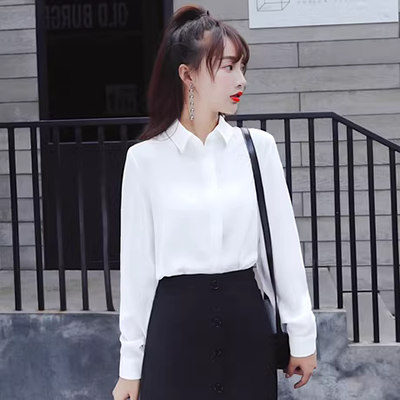 Áo voan nữ có độ rủ, áo dài tay, kiểu dáng nước ngoài, mùa xuân, khí chất tươi mát, thời trang xuân, cổ chữ v phổ biến - Áo sơ mi chiffon ren