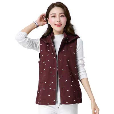 Mùa xuân trung niên của phụ nữ cotton in áo ghi lê nữ 30-40 tuổi giản dị mũ có thể tháo rời áo khoác vest mùa xuân và mùa thu ngọn - Áo vest
