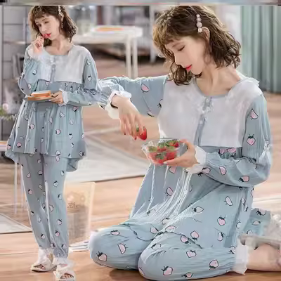 Bộ quần áo cotton tinh khiết của phụ nữ mùa hè mỏng phần phụ nữ mang thai cho con bú đồ ngủ sau sinh dài tay rộng rãi thoải mái dịch vụ tại nhà - Giải trí mặc / Mum mặc