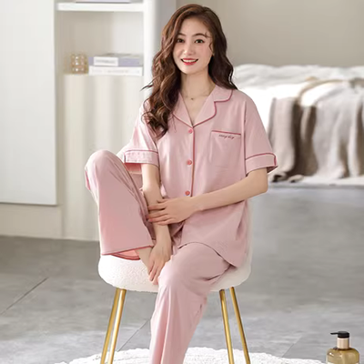 Đồ ngủ của phụ nữ bốn mảnh mùa hè dài tay quần dài mùa xuân và mùa thu cổ tích cung điện ren phong cách vải lanh gạc dịch vụ tại nhà - Cha mẹ và con