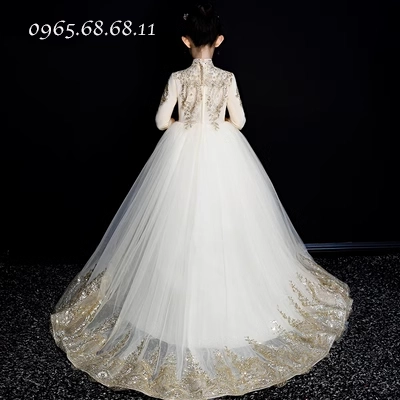 Đầm trẻ em mẫu lớn đuôi catwalk trình diễn trang phục phồng gạc cô gái thời trang công chúa váy dài tay áo dạ hội mùa đông - Váy trẻ em
