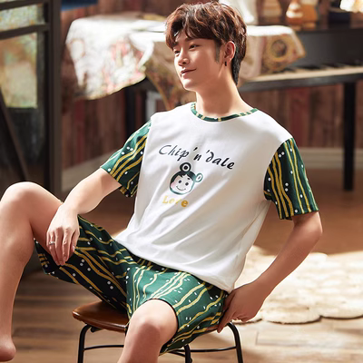 Mùa hè mỏng cỡ lớn bình thường quả bơ màu xanh lá cây nam giới quần short ngắn tay ngắn đồ ngủ phong cách thể thao bộ đồ phục vụ tại nhà - Pyjama