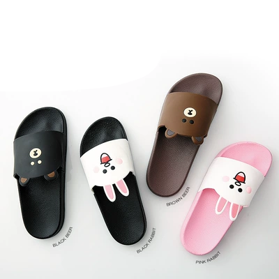 Mùa hè Hàn Quốc Dòng gấu nâu nhà đôi dép dày và dép đi trong nhà tắm chống trơn trượt nam nữ một gia đình ba người - Dép