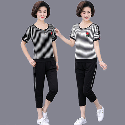 Áo phông ngắn tay mùa hè của mẹ hai mảnh thời trang tây hàng đầu trung niên và phụ nữ cao tuổi - Phụ nữ cao cấp