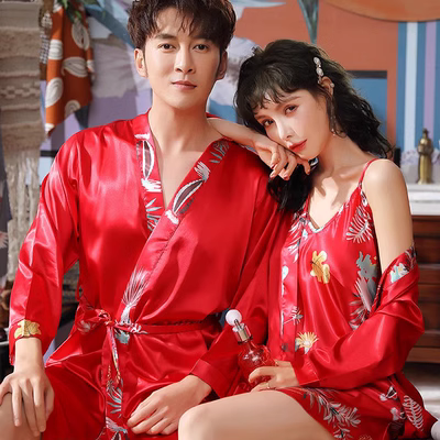 Cặp đôi pyjama quần áo tình cảm người mỏng mùa hè băng lụa treo váy ngủ nữ tính áo ngủ của nam giới phục vụ tại nhà kích thước lớn - Night Robe