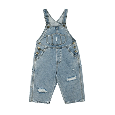 Quần yếm denim bé gái cạp trễ 2020 quần jean trẻ em mùa xuân mới giữa mùa quần ống rộng hàn quốc - Quần jean