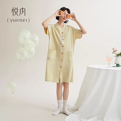 Bộ đồ ngủ nữ cotton mùa thu có cổ cài cúc áo ngắn tay hở ngực áo bông nữ phối cúc - Pyjama