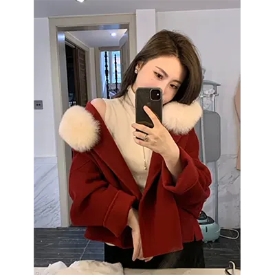 Marsh Marie 2020 áo len mới phụ nữ chống mùa ngắn lông cừu lót lông cáo lông cổ áo lông - Faux Fur