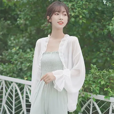 . Áo chống nắng cho nữ dài mùa hè áo khoác dài tay Hàn Quốc áo voan trắng mỏng manh - Áo sơ mi chiffon ren