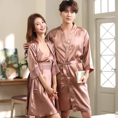 Douyin. Mùa xuân và mùa thu váy ngủ lụa vài áo choàng tắm làm mới bộ đồ ngủ nữ mùa hè váy ngủ với đệm ngực phần mỏng nam tay dài - Đêm đầm