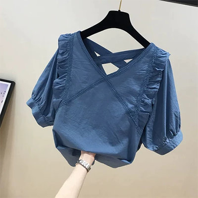 Mùa hè phiên bản Hàn Quốc của hoa nhỏ in họa tiết dây rút ngọt ngào cổ chữ V ngắn tay áo sơ mi hoa voan top nữ - Áo sơ mi chiffon ren
