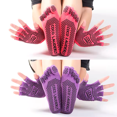Bộ tất tập yoga găng tay chống trượt nữ cotton ngắn ngón 5 ngón thấm hút mồ hôi khử mùi thể thao tập luyện tất ngón chân trên không - Vớ thể thao