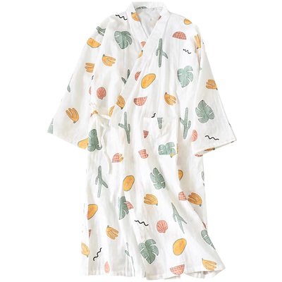Bộ đồ ngủ Kimono Nữ Váy ngủ Mùa hè và mùa thu Gạc mỏng Váy ngủ kiểu Nhật Bản dài tay Đồ lót bông dễ thương - Night Robe