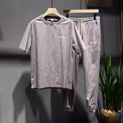Bộ đồ cotton và vải lanh giản dị cho nam giới thể thao mùa hè hai mảnh 2020 áo thun vải lanh mới của nam giới quần áo mùa hè mỏng - Bộ đồ