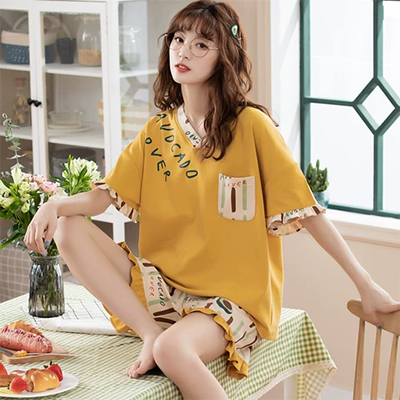 Bộ đồ ngủ nữ mùa hè cotton ngắn tay hai mảnh có thể mặc bên ngoài bộ đồ ở nhà cổ chữ V gợi cảm Bộ đồ cotton mùa xuân hè - Bên ngoài ăn mặc