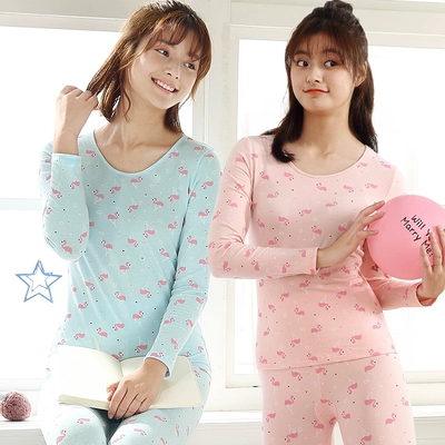 Bước mới của phụ nữ mùa thu và mùa đông cơ sở đồ lót nhiệt cô gái dễ thương cotton áo len cotton cổ tròn quần áo mùa thu Qiuku phù hợp - Phù hợp với nóng lên