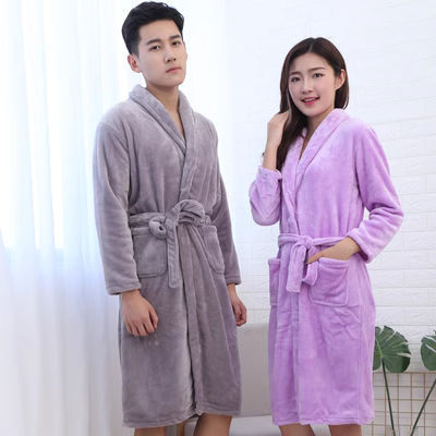 Áo choàng ngủ cặp đôi mùa thu và mùa đông dài flannel dày mùa thu và mùa đông đồ ngủ áo nịt áo nịt phục vụ nhà nam và nữ san hô lông cừu áo choàng tắm - Night Robe