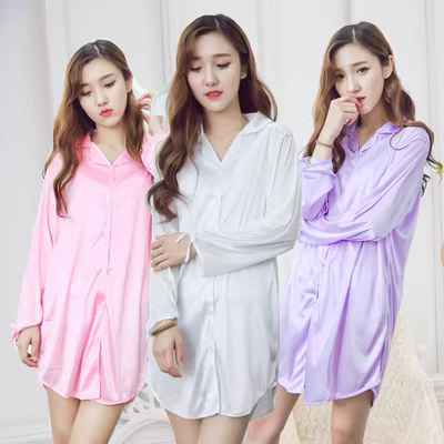 Áo sơ mi váy ngủ mùa hè phụ nữ áo nịt sexy quần áo ở nhà rộng rãi voan áo sơ mi dài giữa băng lụa đồ ngủ lụa - Đêm đầm