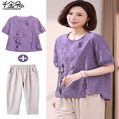 Áo thun nữ trung niên cotton kích thước lớn Quần áo của mẹ mùa hè Phong cách mới Áo sơ mi nhỏ kiểu phương Tây Áo sơ mi nữ trung niên tay ngắn - Phụ nữ cao cấp
