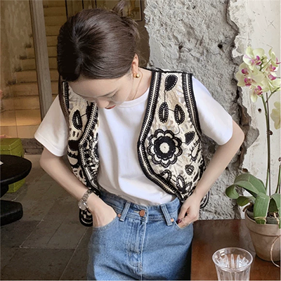 Mùa hè mới yếm nữ kích thước lớn cổ tròn hoang dã áo sơ mi không tay rộng bên ngoài mặc áo voan hoa - Áo sơ mi chiffon ren