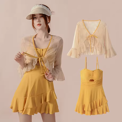 . in Nhật Bản che giấu bụng giảm béo in sách nhỏ màu đỏ tức giận đẩy bảo thủ áo tắm một mảnh dài tay nữ suối nước nóng - Bộ đồ bơi One Piece