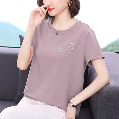 Áo sơ mi nữ trung niên tay ngắn hàng đầu thêu bông chạm đáy Áo thun cotton co giãn cộng với size áo thun nửa tay - Quần áo của mẹ